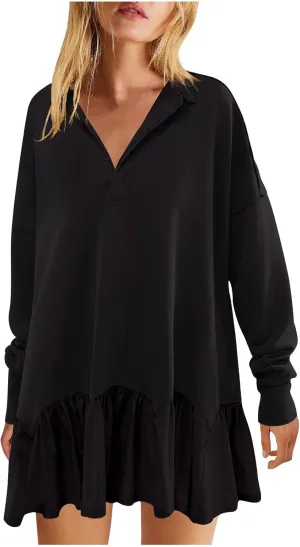 Shirt Dresses for Women 2024 Trendy Long Sleeve Patchwork Sweatshirt Dress Cute V Neck Ruffle Button Up Mini Dresses