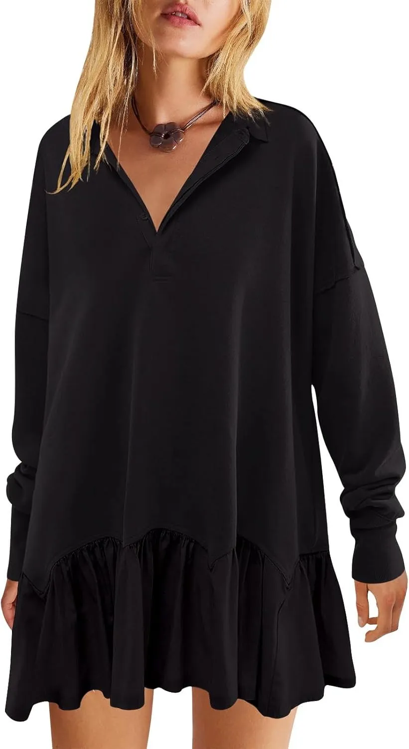 Shirt Dresses for Women 2024 Trendy Long Sleeve Patchwork Sweatshirt Dress Cute V Neck Ruffle Button Up Mini Dresses