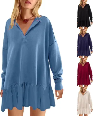 Shirt Dresses for Women 2024 Trendy Long Sleeve Patchwork Sweatshirt Dress Cute V Neck Ruffle Button Up Mini Dresses
