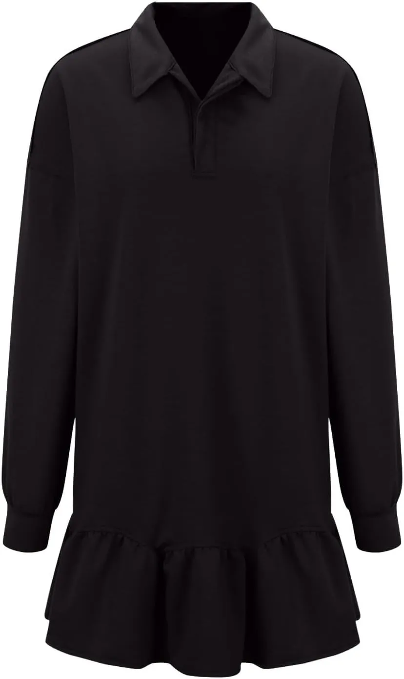 Shirt Dresses for Women 2024 Trendy Long Sleeve Patchwork Sweatshirt Dress Cute V Neck Ruffle Button Up Mini Dresses