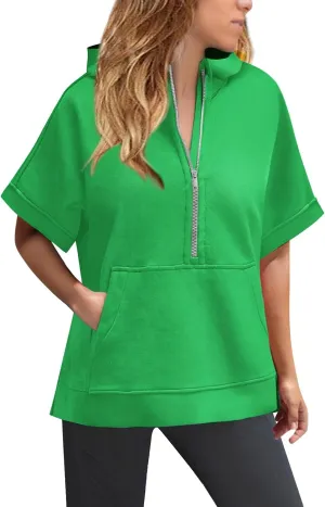 Short Sleeve Hoodies for Women Oversized Half Zip Hoodies Casual Loose Solid Sweatshirts Pullover Tops with Pockets