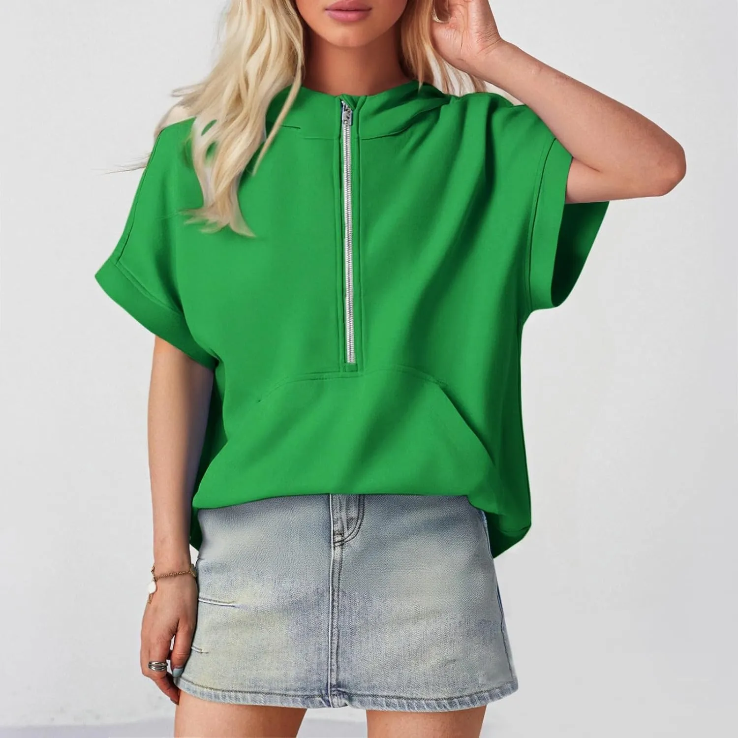 Short Sleeve Hoodies for Women Oversized Half Zip Hoodies Casual Loose Solid Sweatshirts Pullover Tops with Pockets