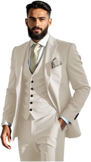 Slim Fit Suits 3 Piece Suit for Men Wedding Suit Sets Two Button Peak Lapel Blazer Single Breasted Vest Pant