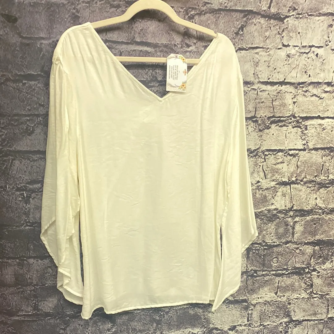 Solid V-Neck Bowknot 3/4 Open Sleeve Shirt MT1104