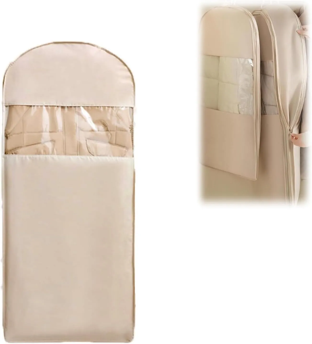 Space Saving Hanging Garment Bag Organizer, Storage Bag with Self Compression Zipper, Dust Cover Clothes Bags for Winter Coat Closet Storage (Beige, 35.43"L x 22.83"W x 5.9"H)