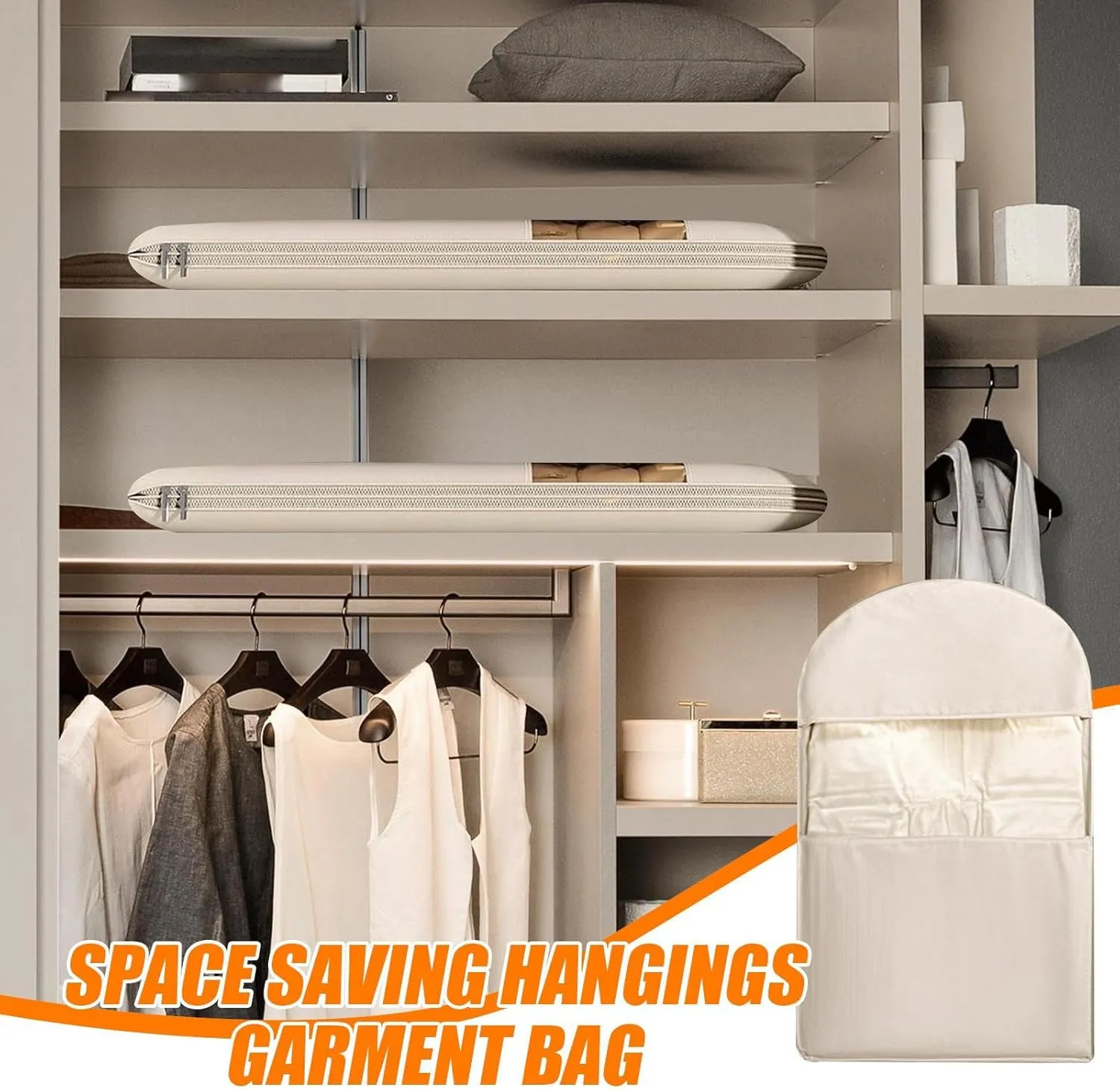 Space Saving Hanging Garment Bag, Space Saver Closet Organizers with Compression Zipper, Dust Cover Clothes Bags for Down Coat, for Closet Storage