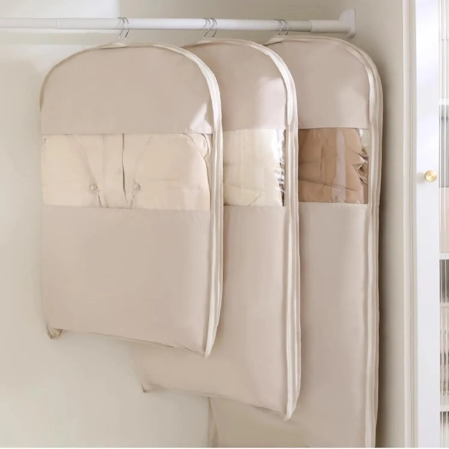 Space Saving Hanging Garment Bag with Self Compression Zipper, 2025 New Space Saving Hanging Protector, Space Saver Closet Organizers, Dust Cover Clothes Bags Travel Organizer (Beige, L)