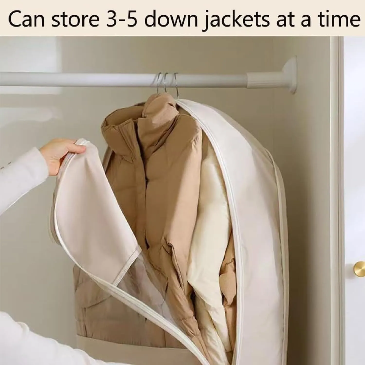 Space Saving Hanging Garment Bag with Self Compression Zipper, 2025 New Space Saving Hanging Protector, Space Saver Closet Organizers, Dust Cover Clothes Bags Travel Organizer (Beige, L)