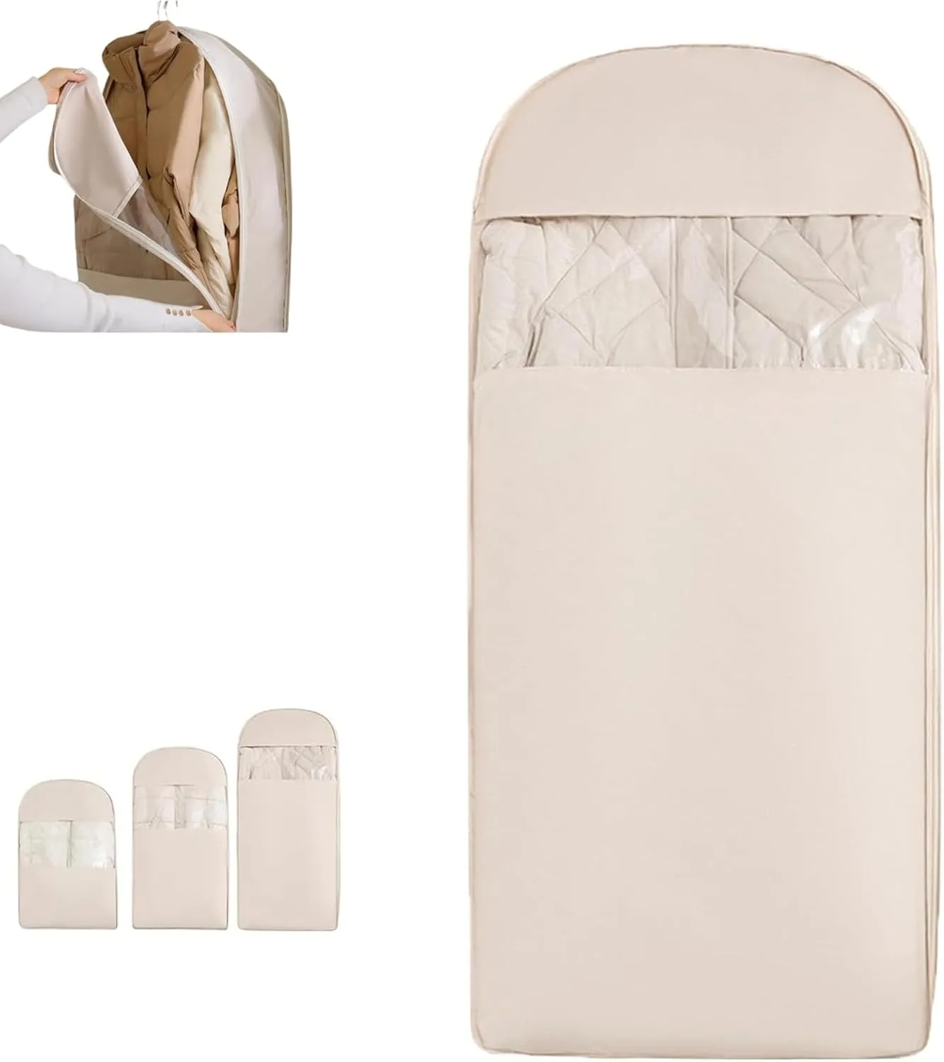 Space Saving Hanging Garment Bag with Self Compression Zipper, 2025 New Space Saving Hanging Protector, Space Saver Closet Organizers, Dust Cover Clothes Bags Travel Organizer (Beige, L)