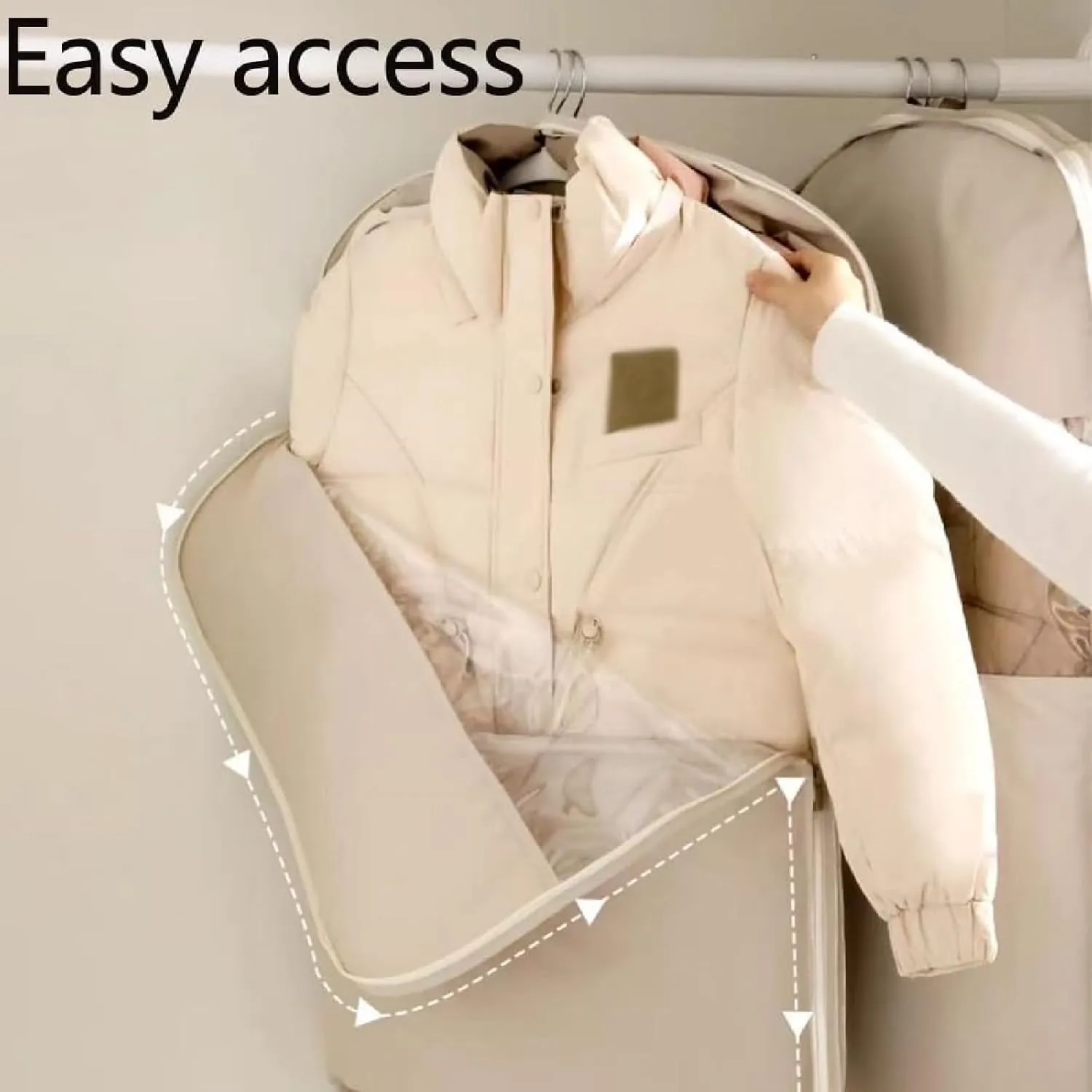 Space Saving Hanging Garment Bag with Self Compression Zipper, 2025 New Space Saving Hanging Protector, Space Saver Closet Organizers, Dust Cover Clothes Bags Travel Organizer (Beige, L)