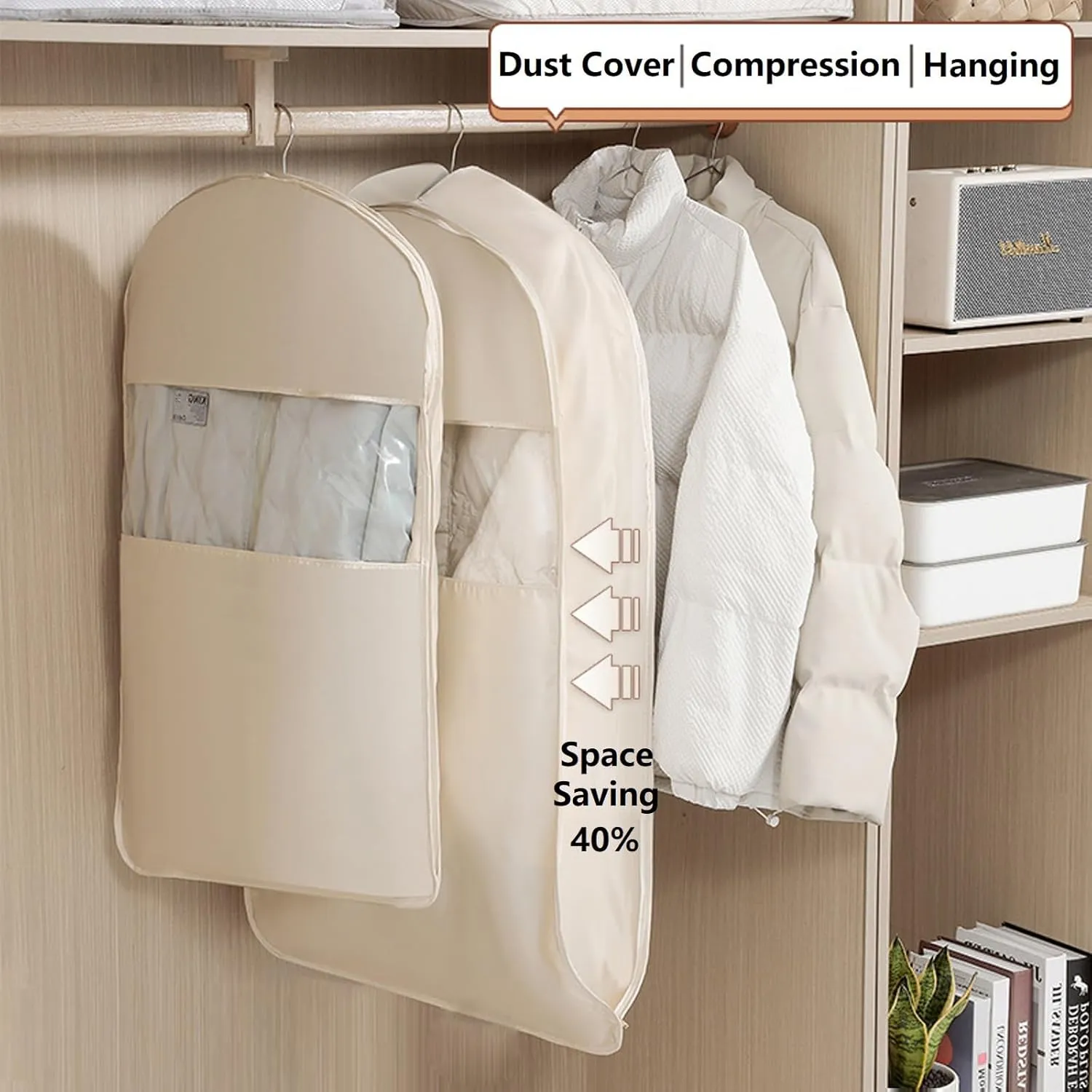 Space Saving Hanging Garment Bag with Self Compression Zipper, Dress Storage Bags Hanging, Space Saver Closet Organizers, Dust Cover Clothes Bags for Down Coat (Pink,Medium)