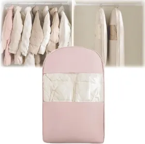 Space Saving Hanging Garment Bag with Self Compression Zipper, Dress Storage Bags Hanging, Space Saver Closet Organizers, Dust Cover Clothes Bags for Down Coat (Pink,Medium)