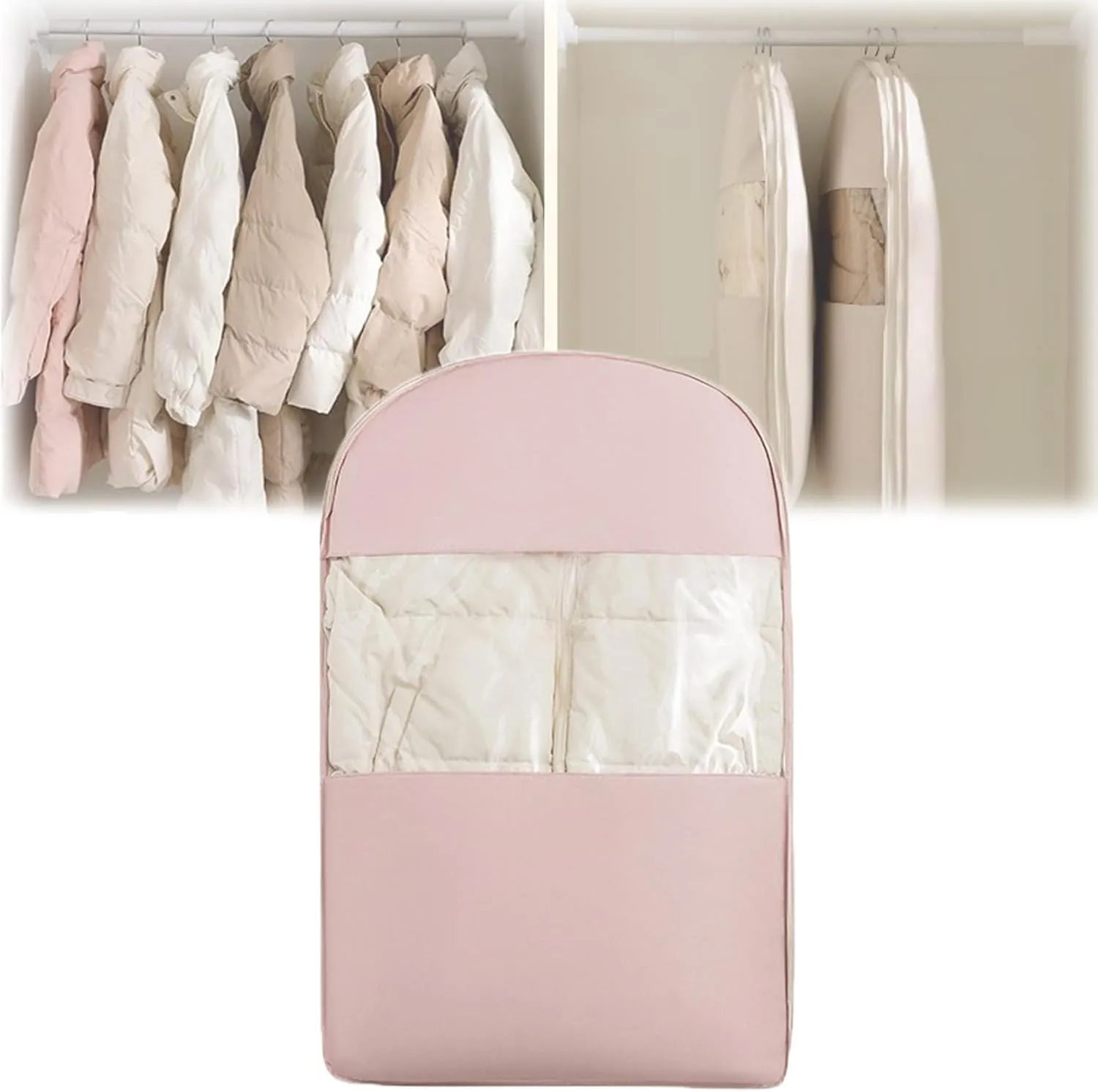 Space Saving Hanging Garment Bag with Self Compression Zipper, Dress Storage Bags Hanging, Space Saver Closet Organizers, Dust Cover Clothes Bags for Down Coat (Pink,Medium)