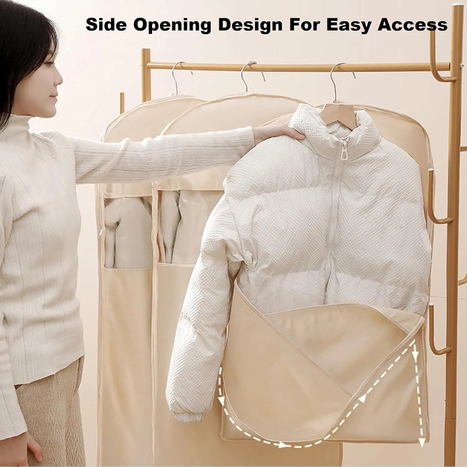 Space Saving Hanging Garment Bag with Self Compression Zipper, Dress Storage Bags Hanging, Space Saver Closet Organizers, Dust Cover Clothes Bags for Down Coat (Pink,Medium)