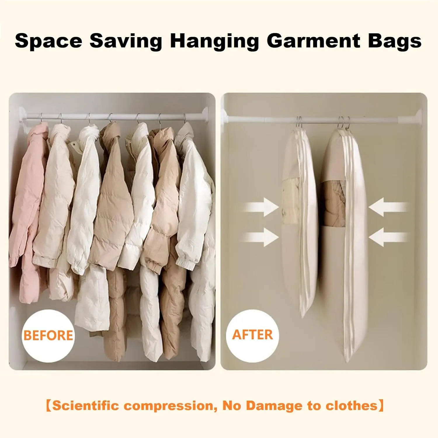 Space Saving Hanging Garment Bag with Self Compression Zipper, Dress Storage Bags Hanging, Space Saver Closet Organizers, Dust Cover Clothes Bags for Down Coat (Pink,Medium)