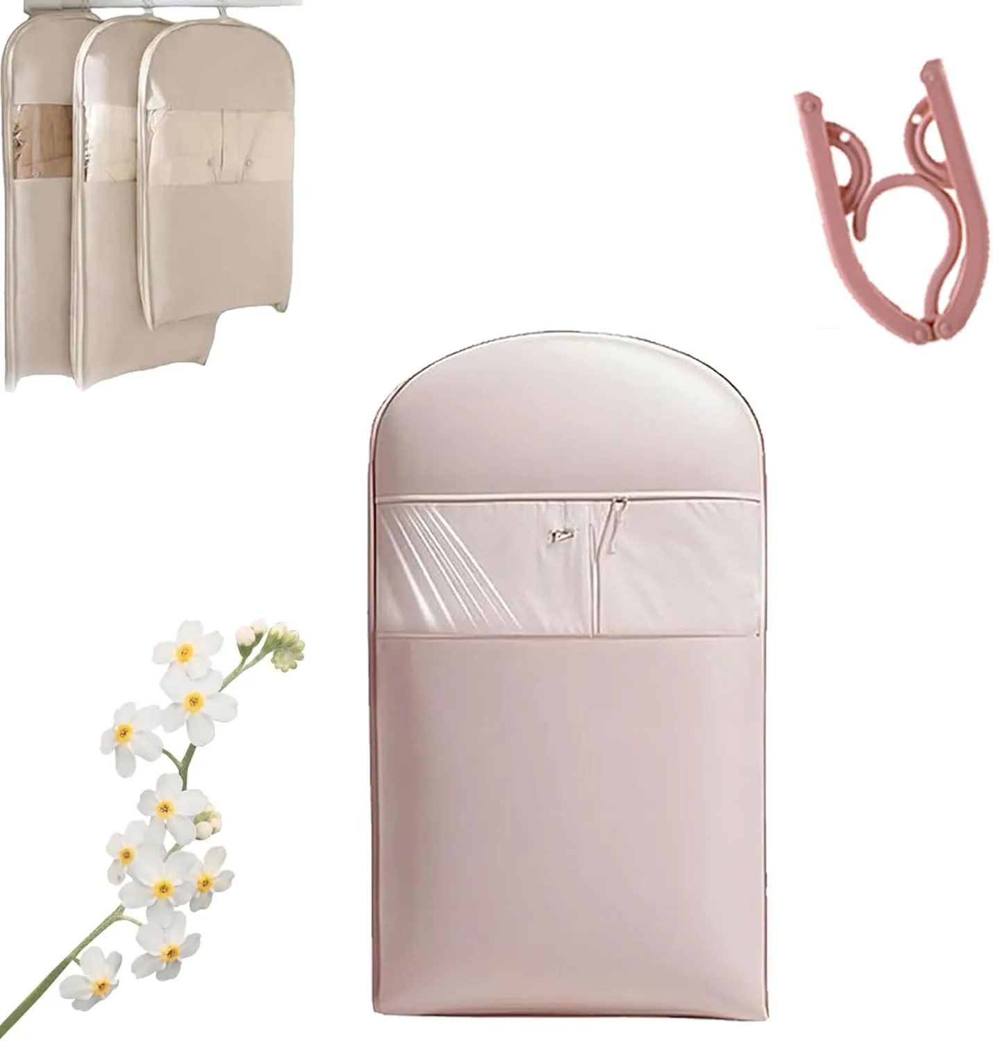 Space Saving Hanging Garment Bag with Self Compression Zipper, Dust Cover Clothes Bags for Down Coat & Closet Storage (Pink,L)