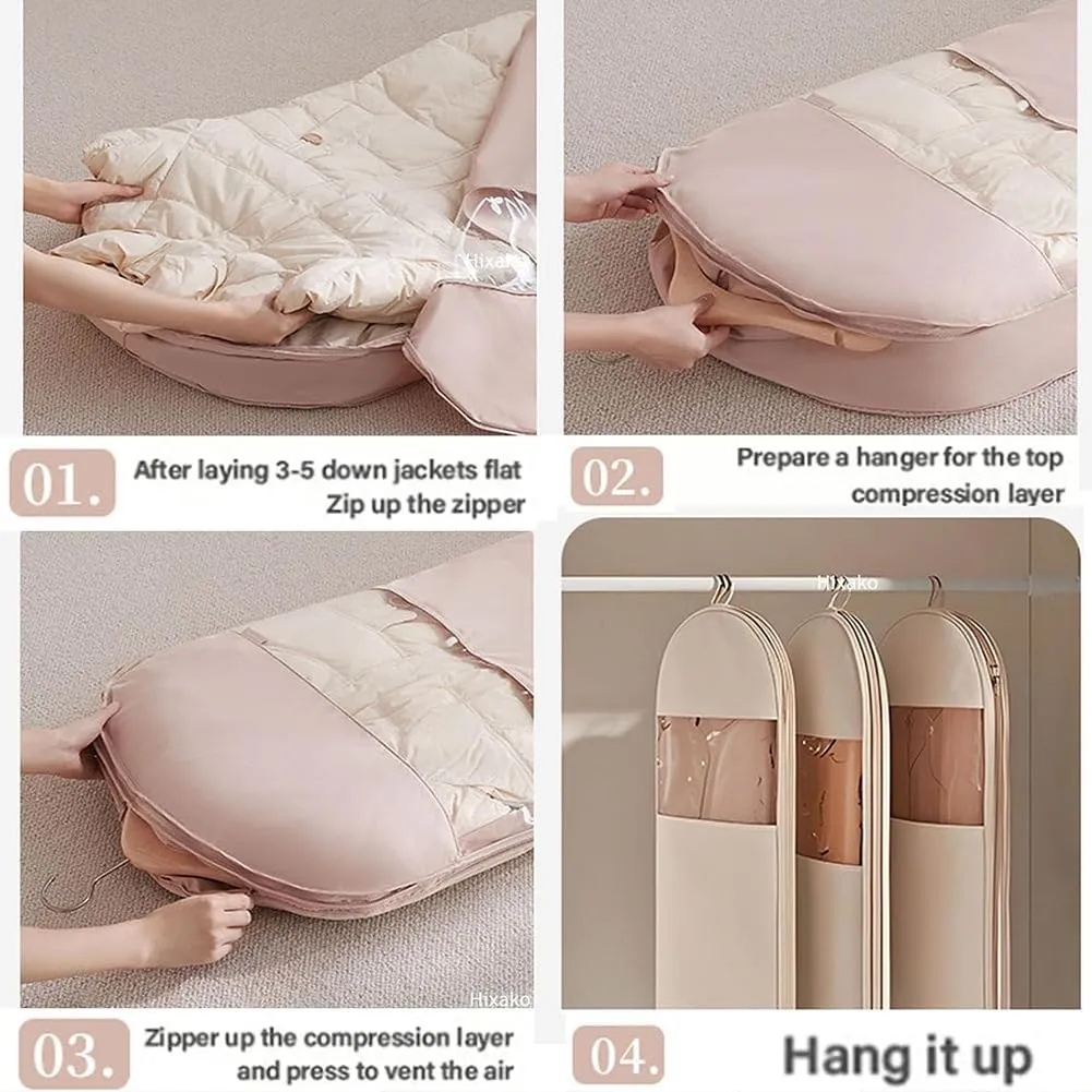 Space Saving Hanging Garment Bag with Self Compression Zipper, Dust Cover Clothes Bags for Down Coat & Closet Storage (Pink,M)