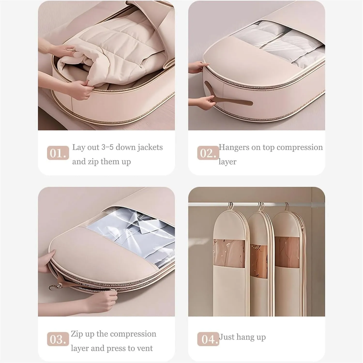 Space Saving Hanging Garment Bag with Self Compression Zipper, Dust Cover Clothes Bags for Down Coat, hanging luggage garment bag (Beige,XL)
