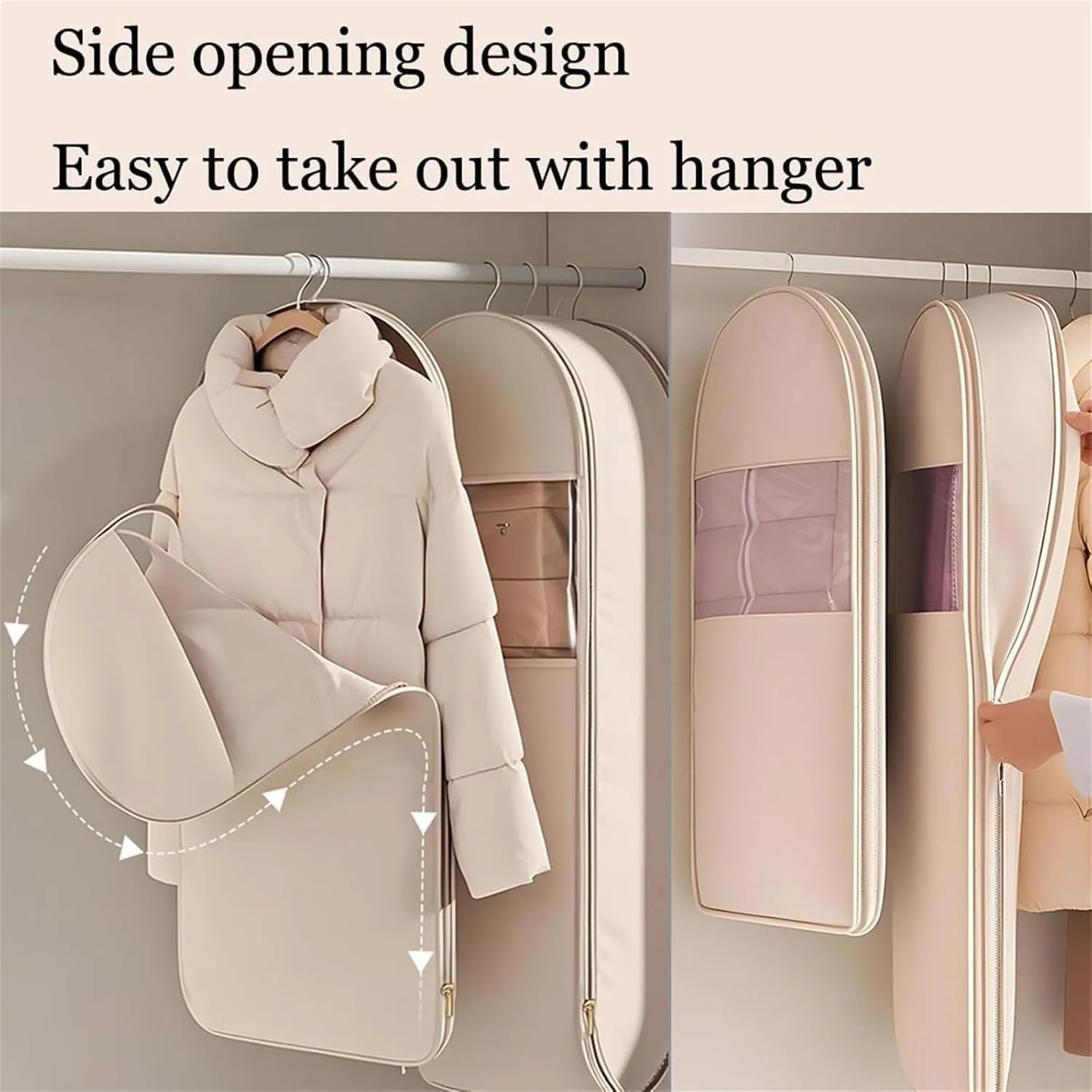 Space Saving Hanging Garment Bag with Self Compression Zipper, Dust Cover Clothes Bags for Down Coat, hanging luggage garment bag (Beige,XL)