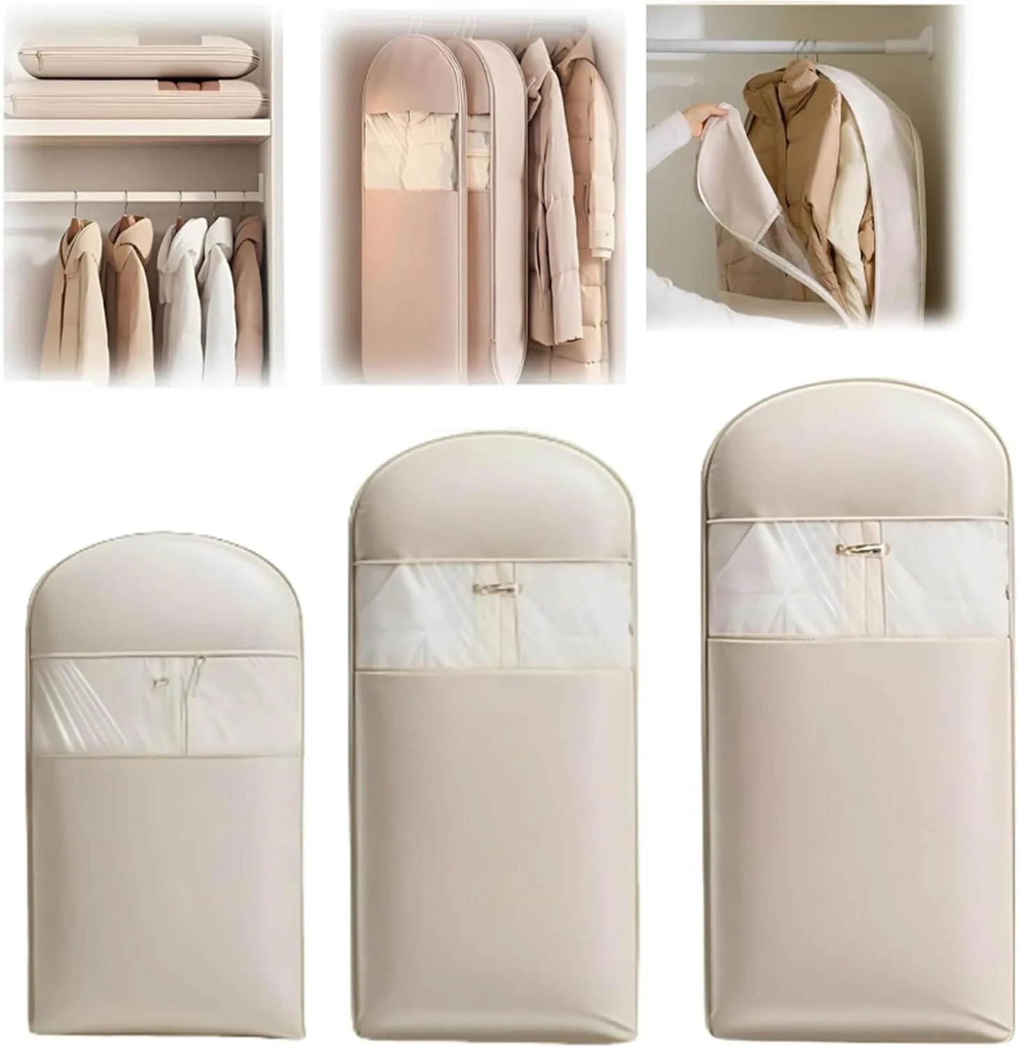 Space Saving Hanging Garment Bag with Self Compression Zipper, Dust Cover Clothes Bags for Down Coat, hanging luggage garment bag (Beige,XL)
