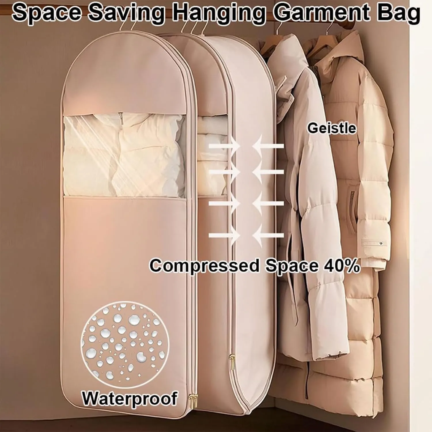 Space Saving Hanging Garment Bag with Self Compression Zipper, Garment Bags for Hanging Clothes, Multiple Sizes Space Saver Closet Organizers (Pink,X-Large)