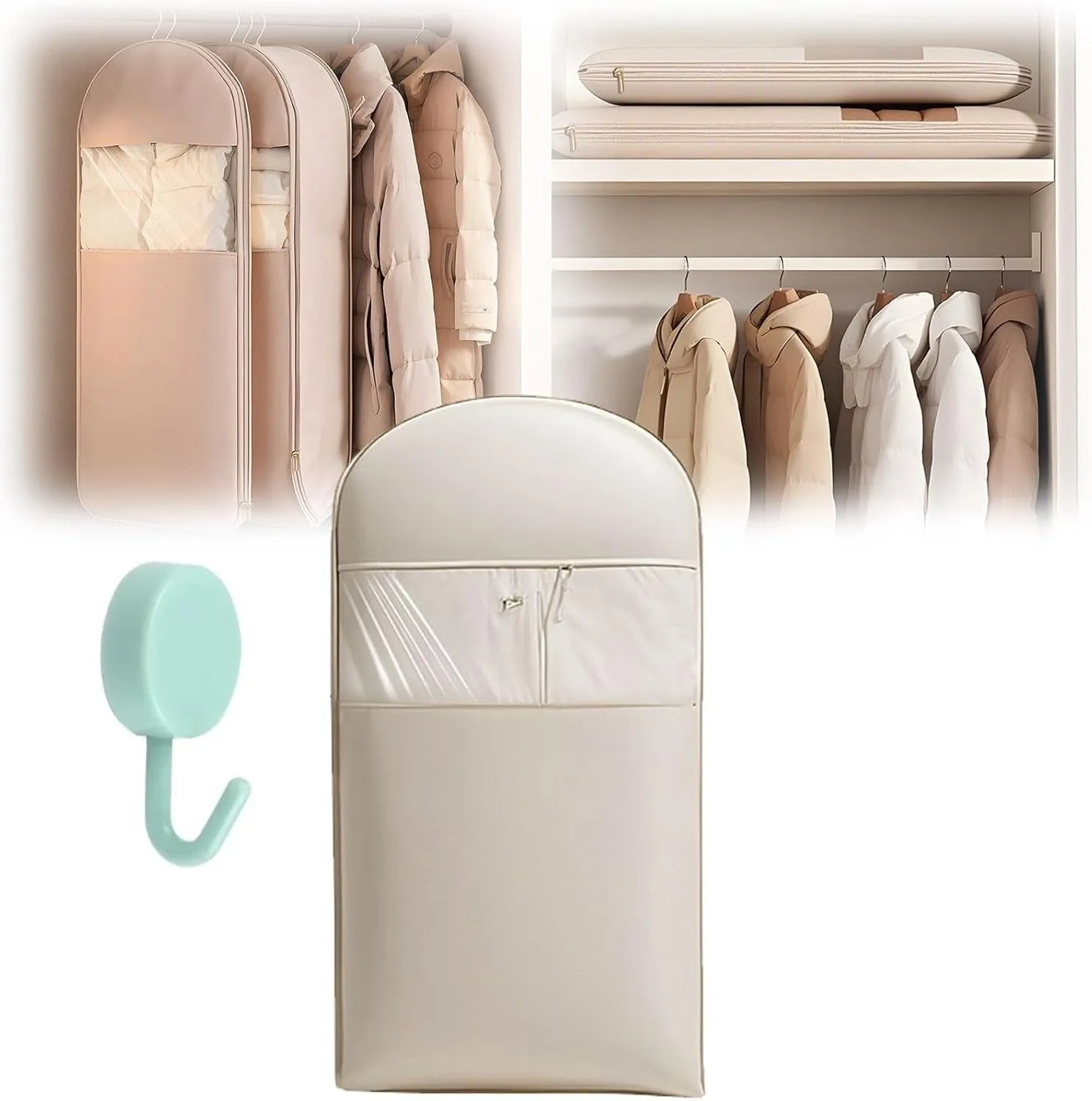 Space Saving Hanging Garment Bag with Self Compression Zipper, Otherwisie Space Saver Hanging Garment Bags, Dust Cover Clothes Bags Travel Organizer for down Coat Suit (beige, XL)