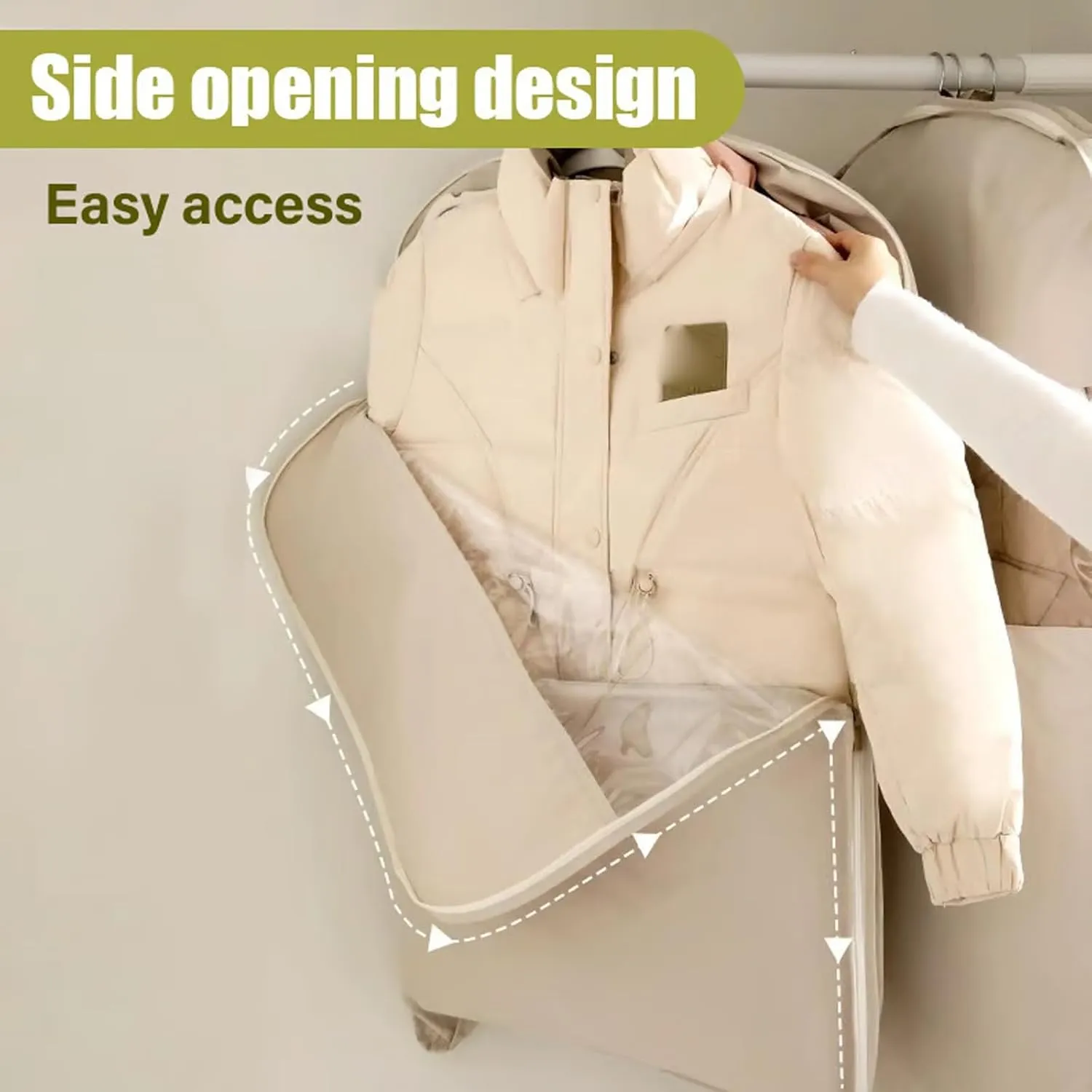 Space Saving Hanging Garment Bag with Self Compression Zipper, Space Saver Closet Organizers, Dust Cover Clothes Bags for Down Coat for Closet Storage (Beige, M)