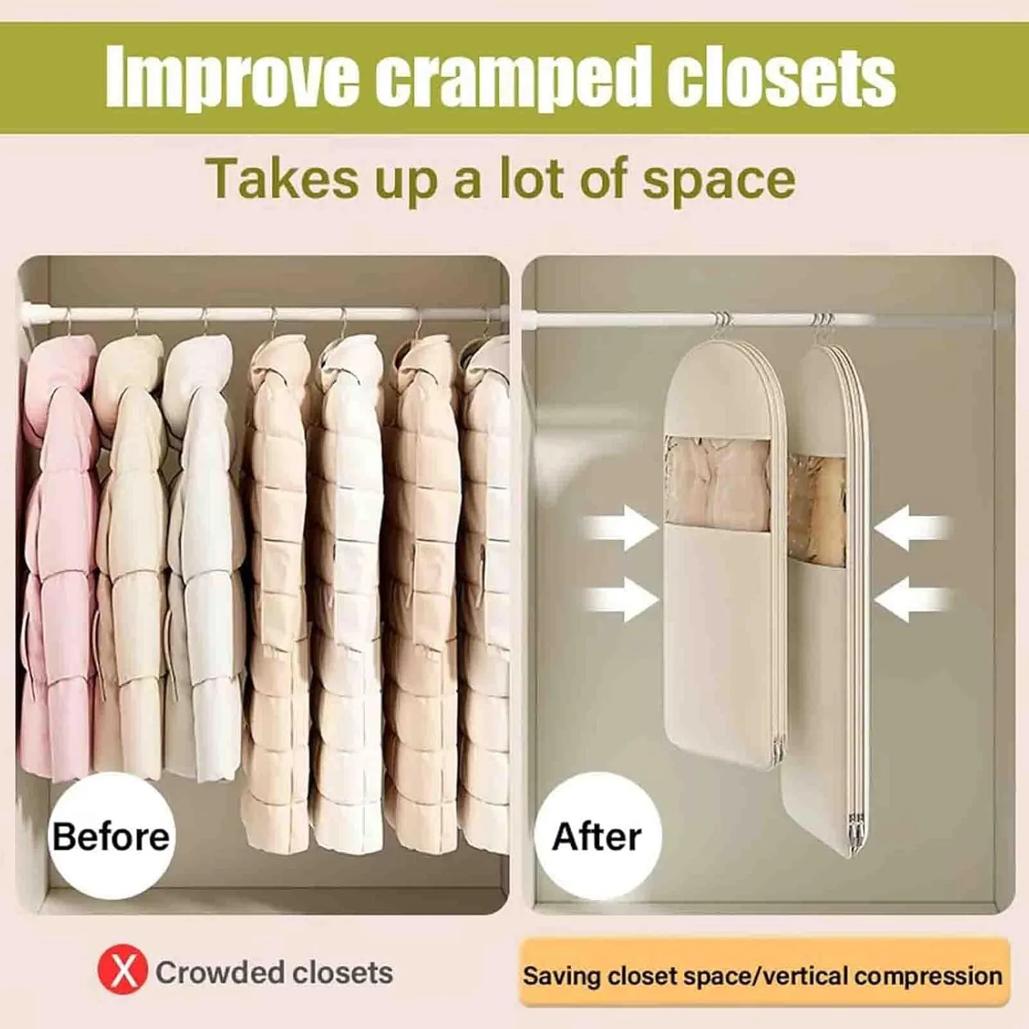 Space Saving Hanging Garment Bag with Self Compression Zipper, Space Saver Closet Organizers, Dust Cover Clothes Bags for Down Coat (Pink, X-Large)