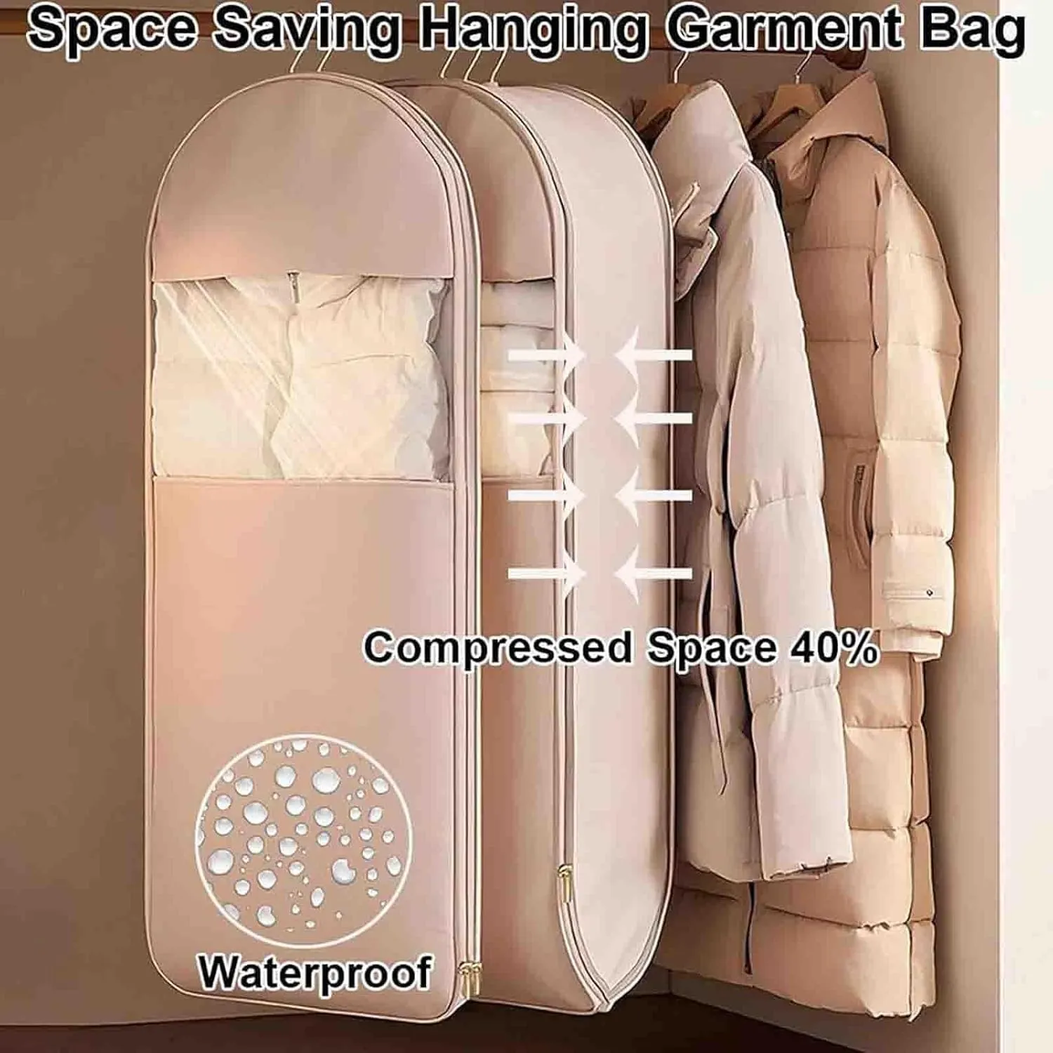 Space Saving Hanging Garment Bag with Self Compression Zipper, Space Saver Closet Organizers, Dust Cover Clothes Bags for Down Coat (Pink, X-Large)