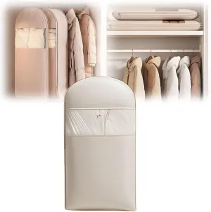 Space Saving Hanging Garment Bag with Self Compression Zipper, Space Saver Coat Storage Bag, Dust Cover Clothes Bags for Down Coat (Beige,XL)