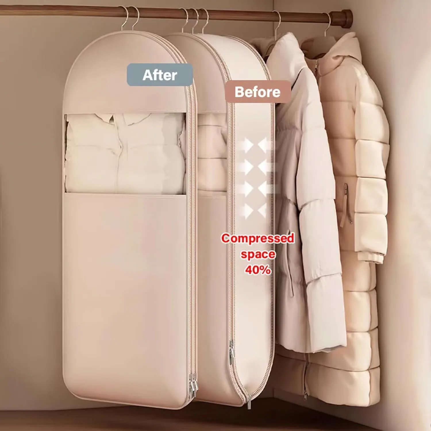 Space Saving Hanging Garment Bag with Self Compression Zipper, Space Saver Coat Storage Bag, Dust Cover Clothes Bags for Down Coat (Beige,XL)