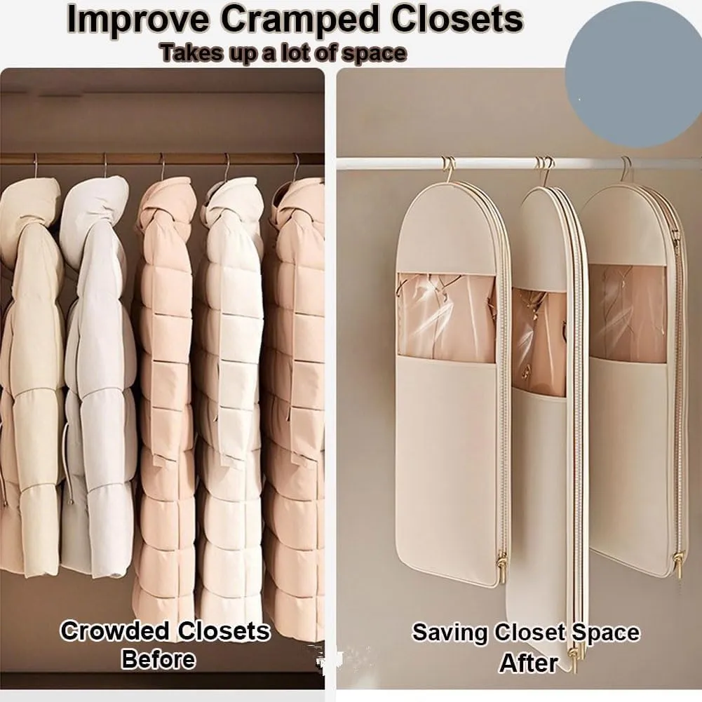 Space Saving Hanging Garment Bag with Self Compression Zipper, Space Saver Coat Storage Bag, Dust Cover Clothes Bags for Down Coat (Beige,XL)