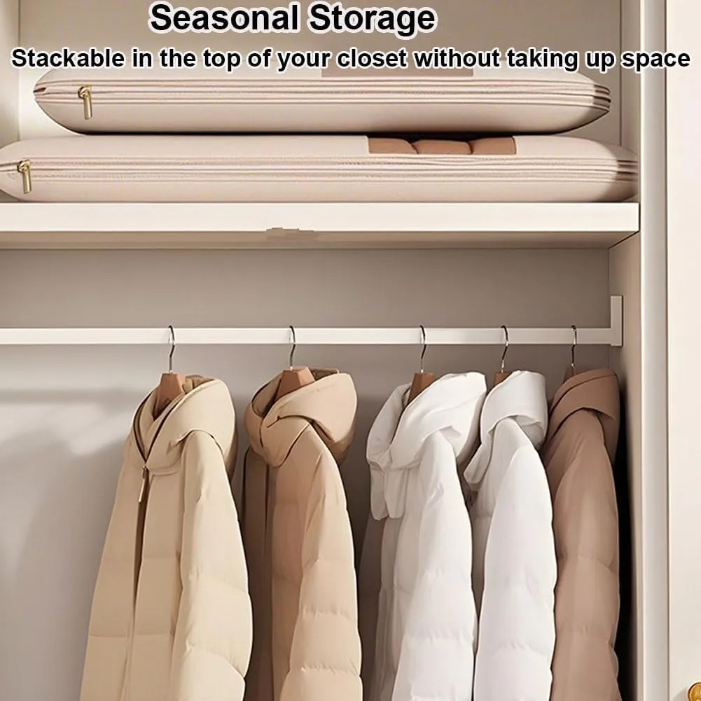 Space Saving Hanging Garment Bag with Self Compression Zipper, Space Saver Coat Storage Bag, Dust Cover Clothes Bags for Down Coat (Beige,XL)
