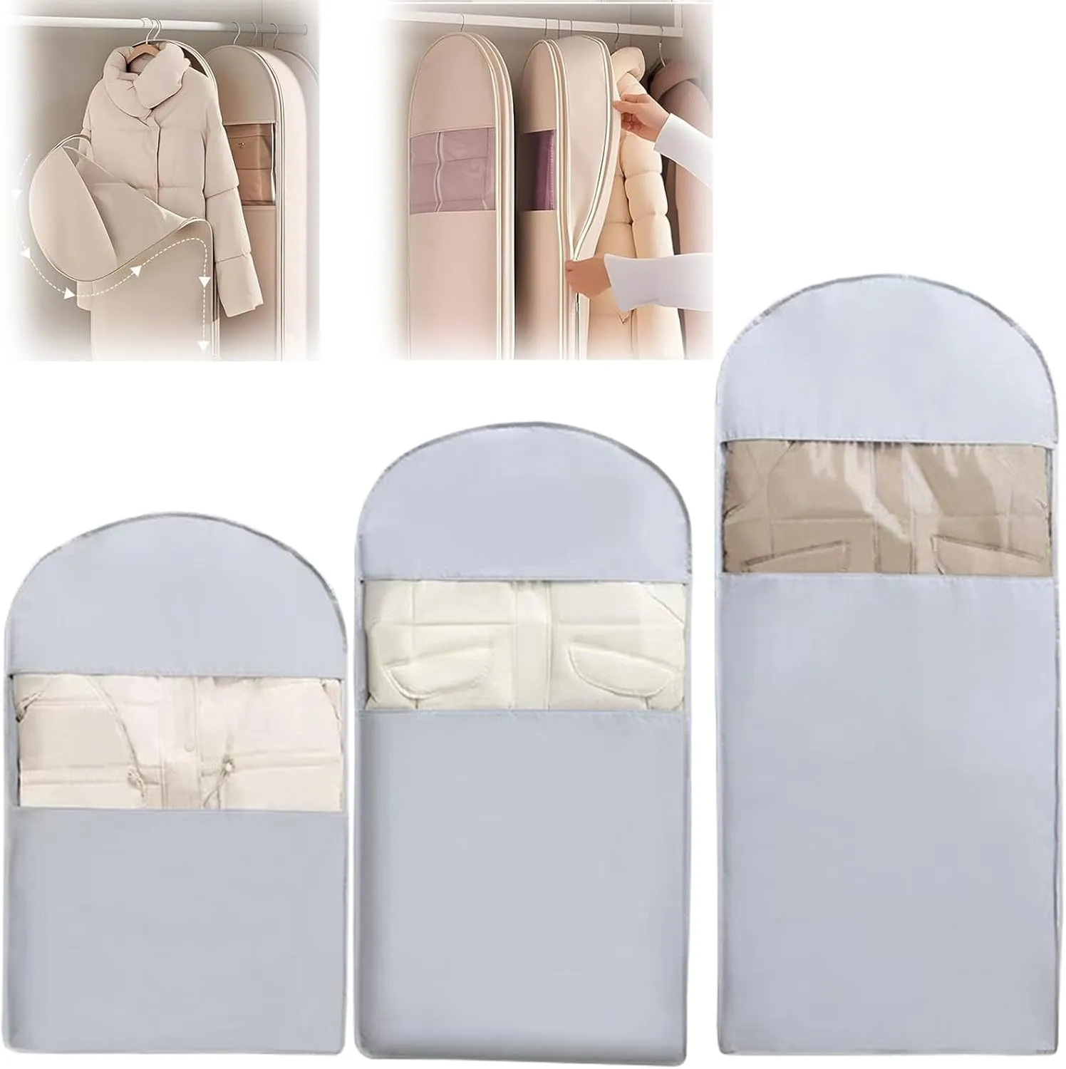 Space Saving Hanging Garment Bag With Self Compression Zipper, Space Saver Hanging Garment Bags For Closet Storage,Dust Cover Clothes Bags Travel Organizer For Down Coat Suit (Grey, L)