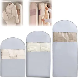 Space Saving Hanging Garment Bag With Self Compression Zipper, Space Saver Hanging Garment Bags For Closet Storage,Dust Cover Clothes Bags Travel Organizer For Down Coat Suit (Grey, L)