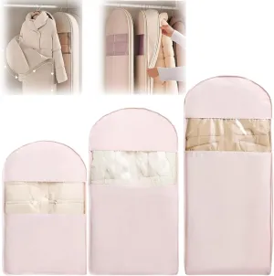 Space Saving Hanging Garment Bag With Self Compression Zipper, Space Saver Hanging Garment Bags For Closet Storage,Dust Cover Clothes Bags Travel Organizer For Down Coat Suit (Pink, XL)