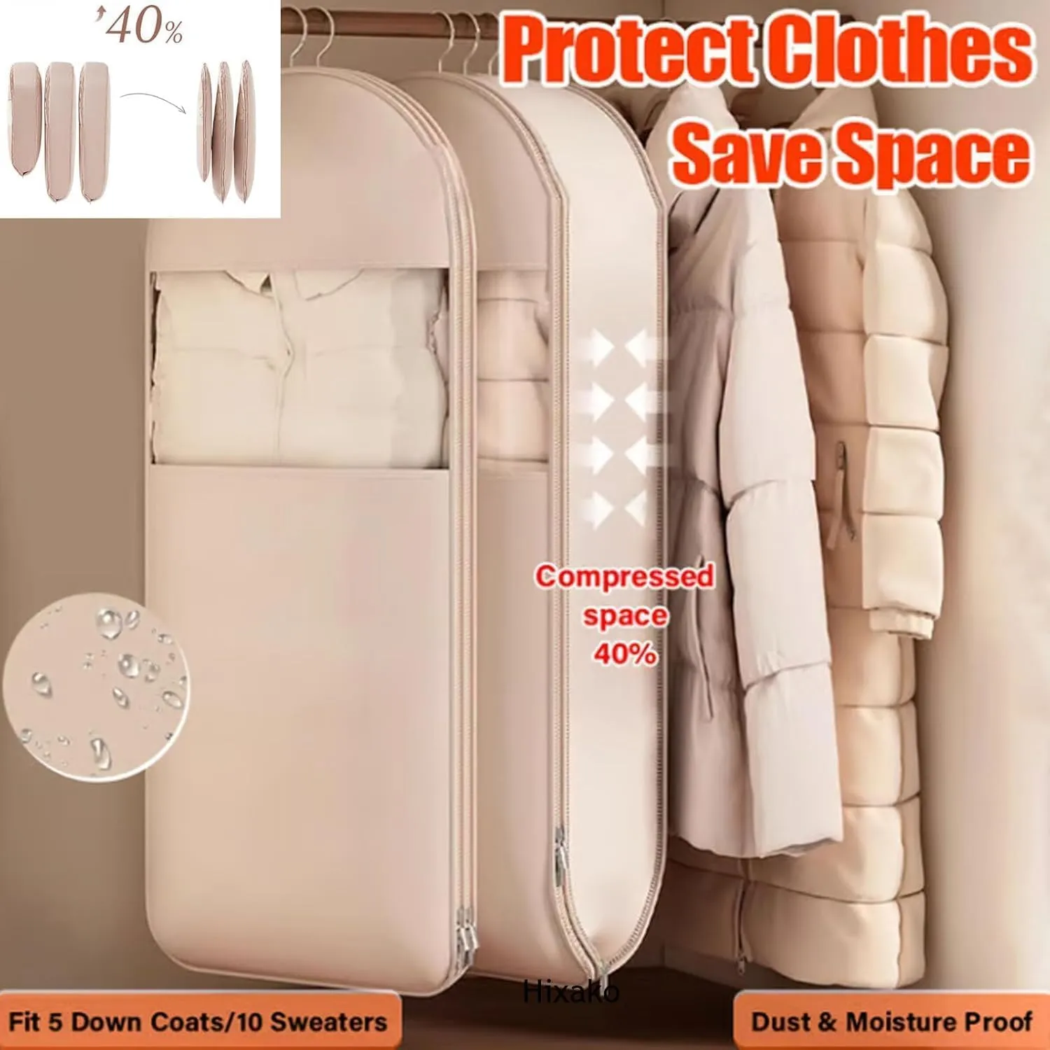 Space Saving Hanging Garment Bag with Self Compression Zipper,Winter Coat Storage,Dust Cover Clothes Bags for Down Coat (Pink, M)