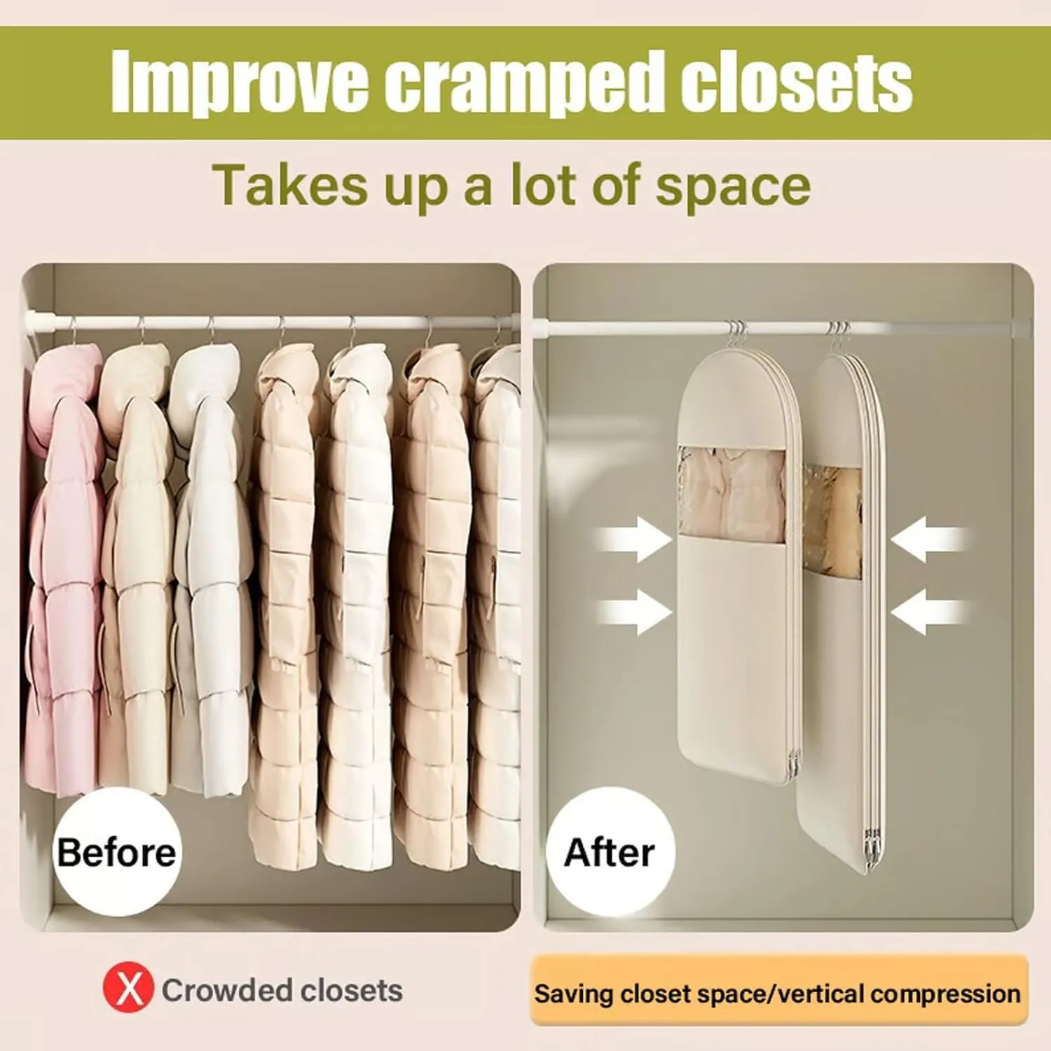 Space Saving Hanging Garment Bag with Self Compression Zipper,Winter Coat Storage,Dust Cover Clothes Bags for Down Coat (Pink, M)