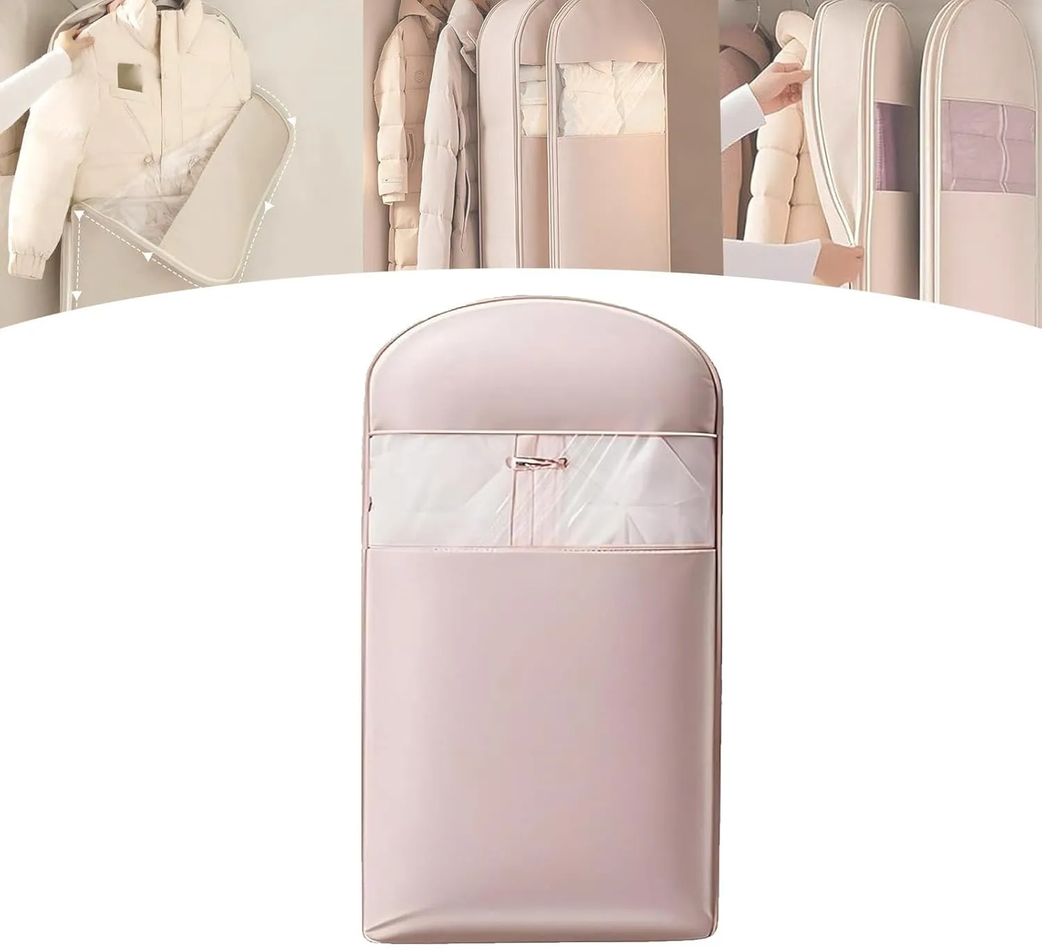 Space Saving Hanging Garment Bag with Self Compression Zipper,Winter Coat Storage,Dust Cover Clothes Bags for Down Coat (Pink, M)