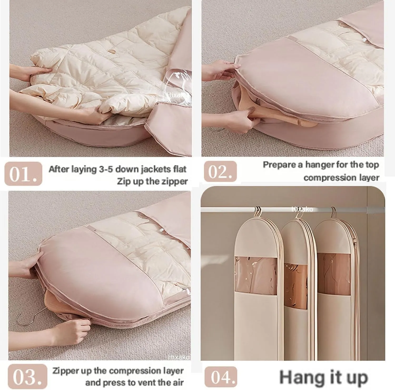 Space Saving Hanging Garment Bag with Self Compression Zipper,Winter Coat Storage,Dust Cover Clothes Bags for Down Coat (Pink, M)