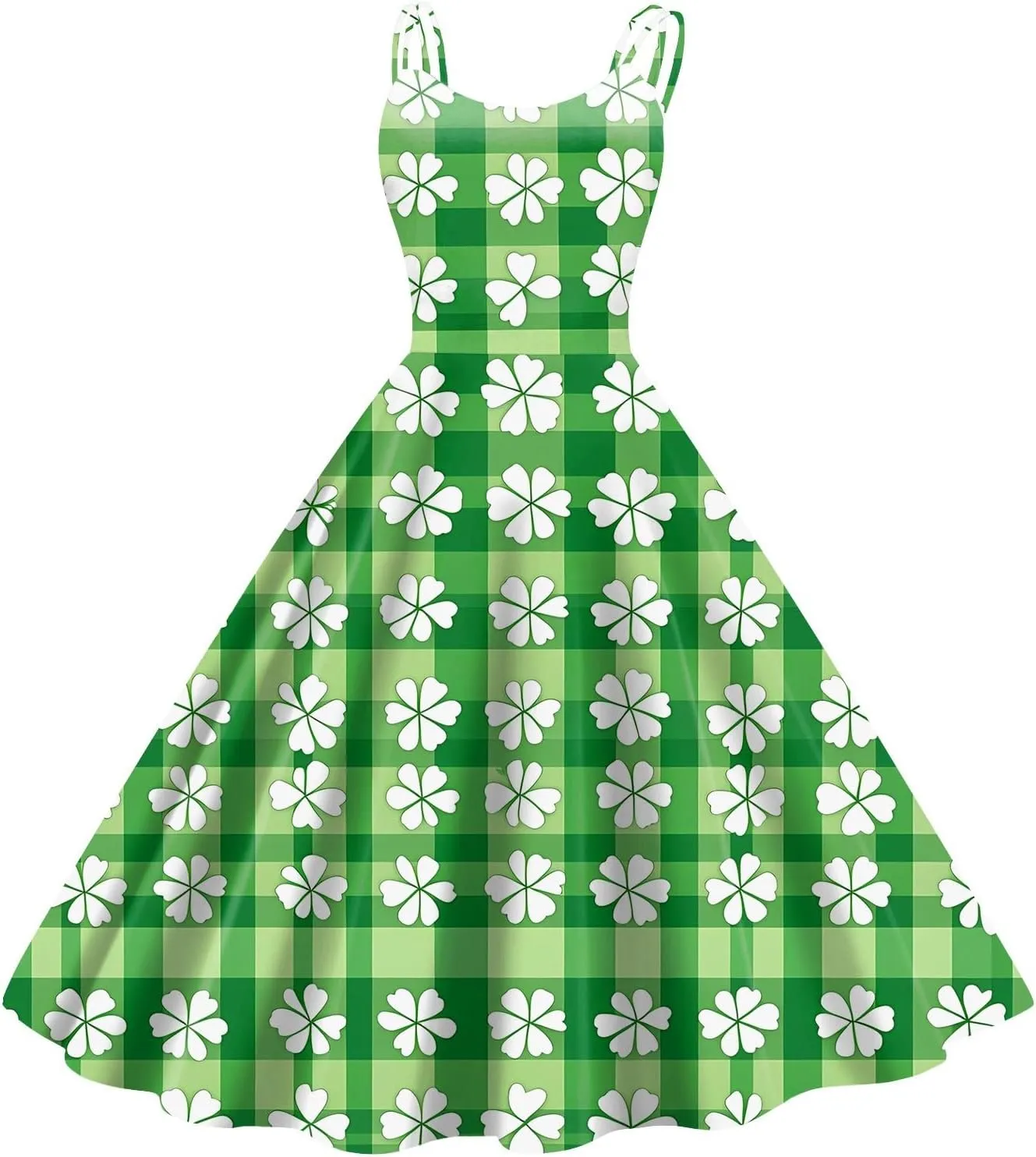 St Patricks Day Dresses for Women Casual Off Shoulder Vintage Sleeveless Midi A-Line Swing Shamrock Print Dresses