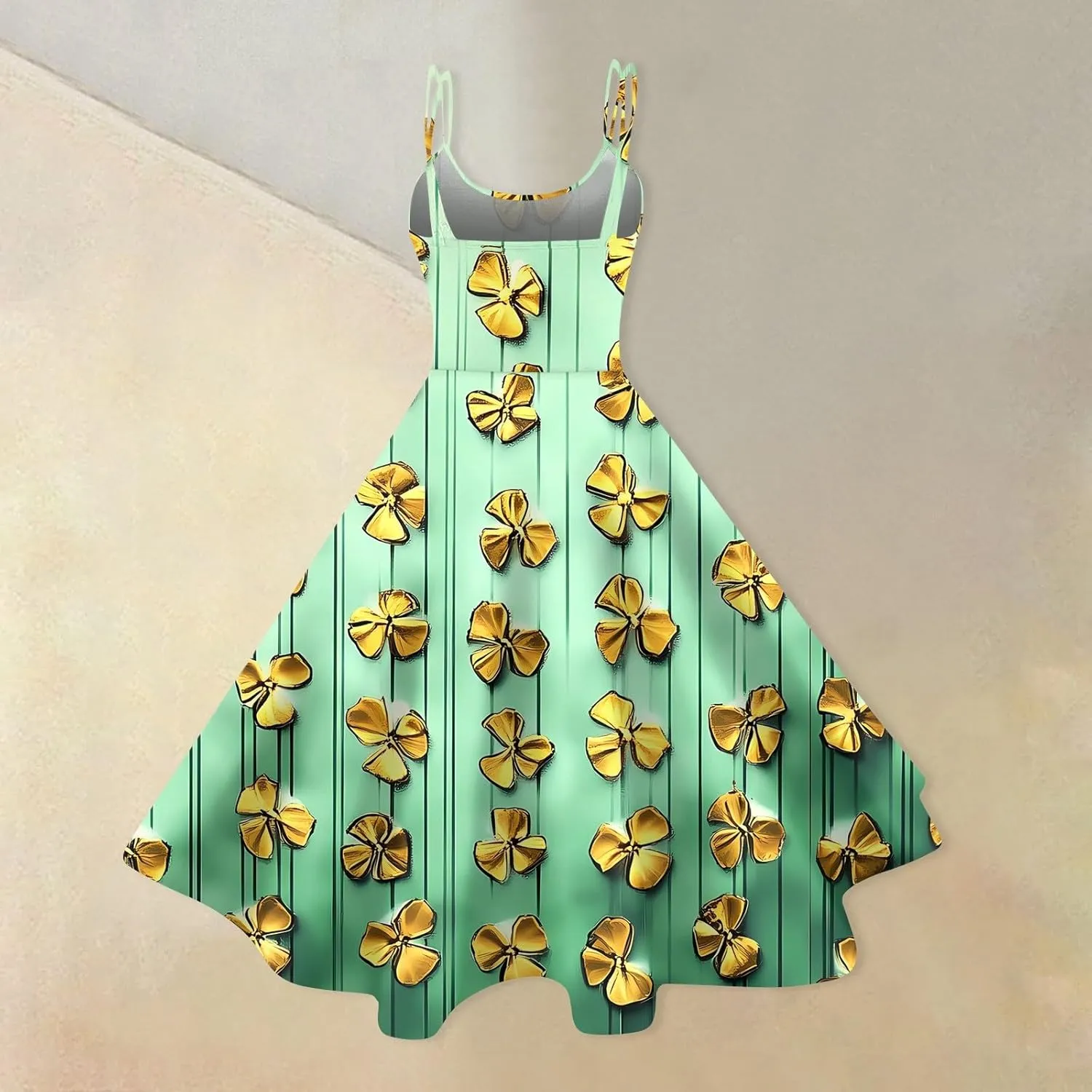 St Patricks Day Dresses for Women Casual Off Shoulder Vintage Sleeveless Midi A-Line Swing Shamrock Print Dresses