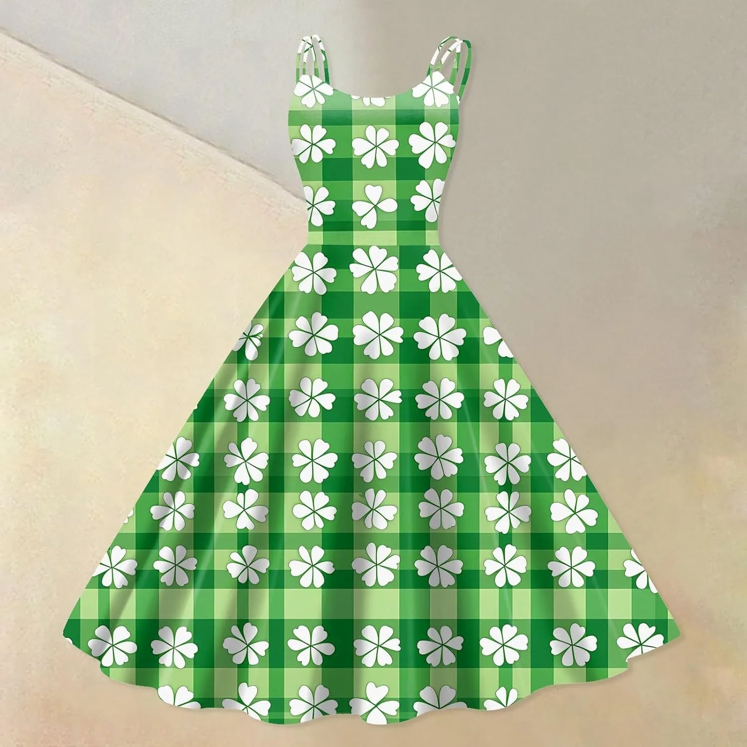 St Patricks Day Dresses for Women Casual Off Shoulder Vintage Sleeveless Midi A-Line Swing Shamrock Print Dresses