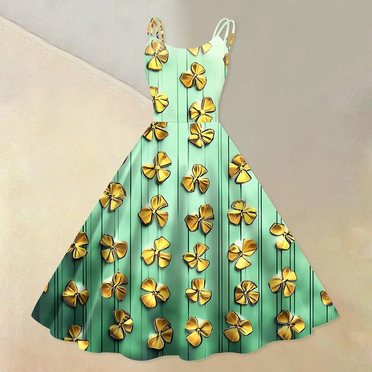 St Patricks Day Dresses for Women Casual Off Shoulder Vintage Sleeveless Midi A-Line Swing Shamrock Print Dresses