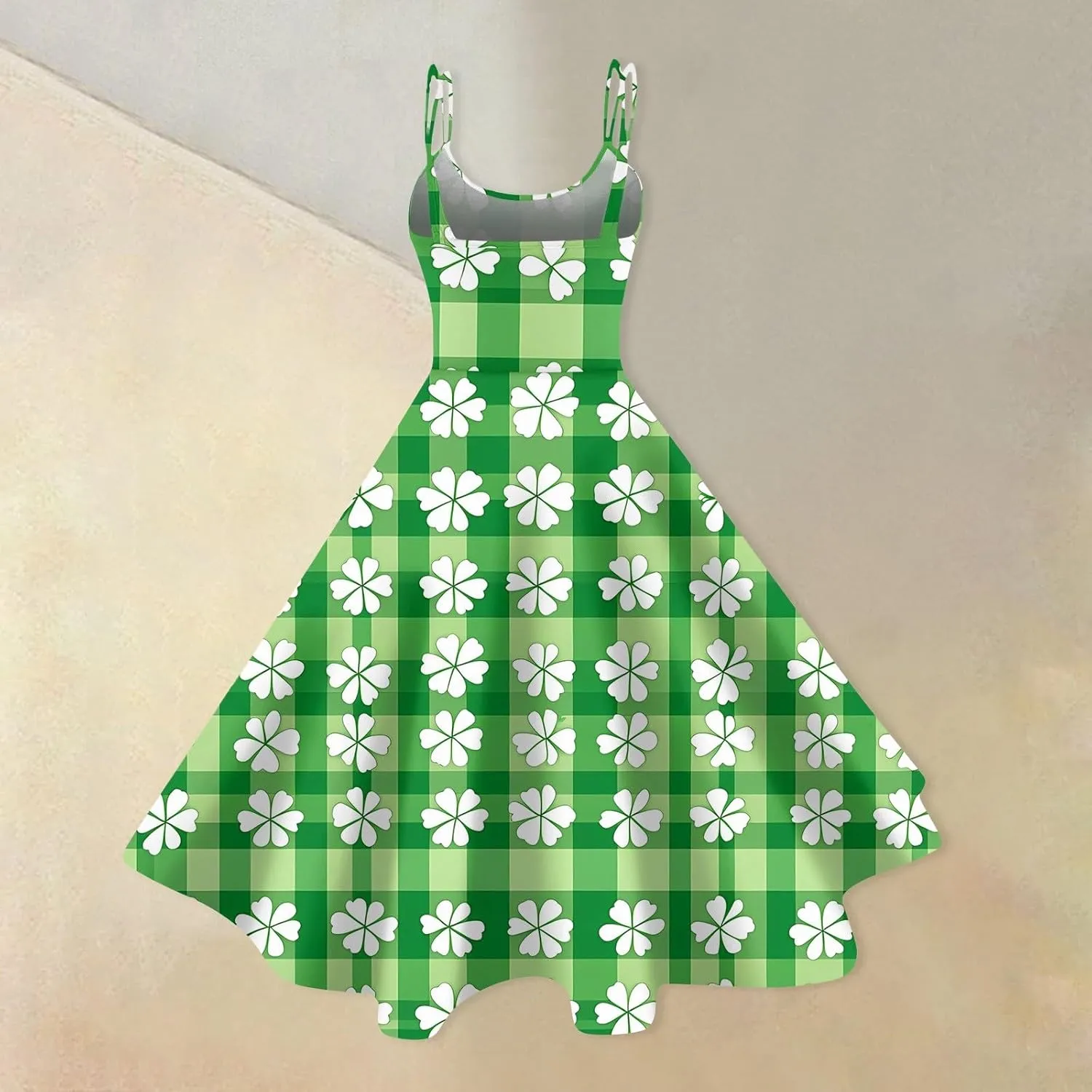 St Patricks Day Dresses for Women Casual Off Shoulder Vintage Sleeveless Midi A-Line Swing Shamrock Print Dresses