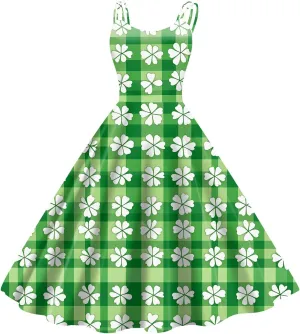 St Patricks Day Dresses for Women Casual Off Shoulder Vintage Sleeveless Midi A-Line Swing Shamrock Print Dresses