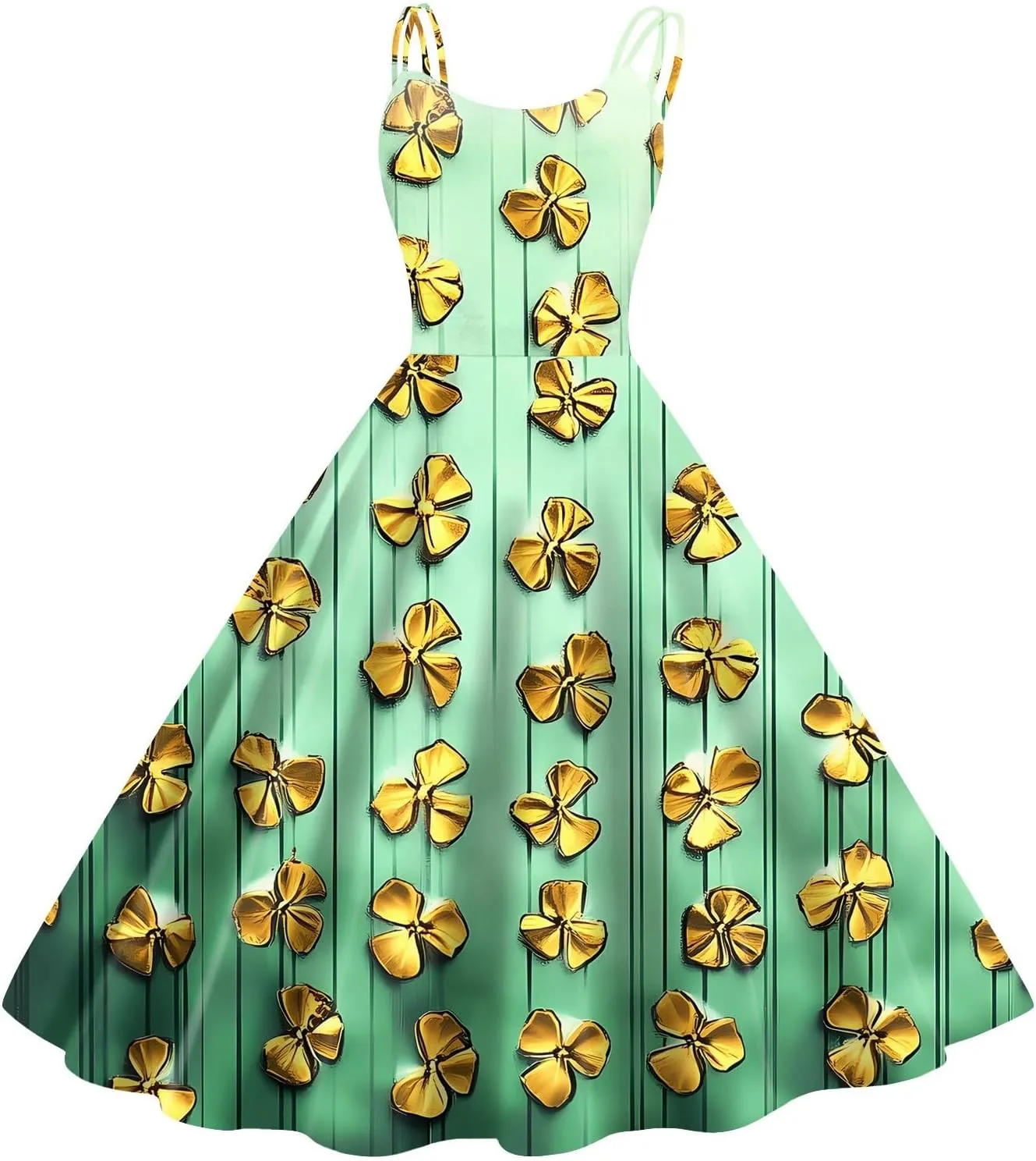 St Patricks Day Dresses for Women Casual Off Shoulder Vintage Sleeveless Midi A-Line Swing Shamrock Print Dresses