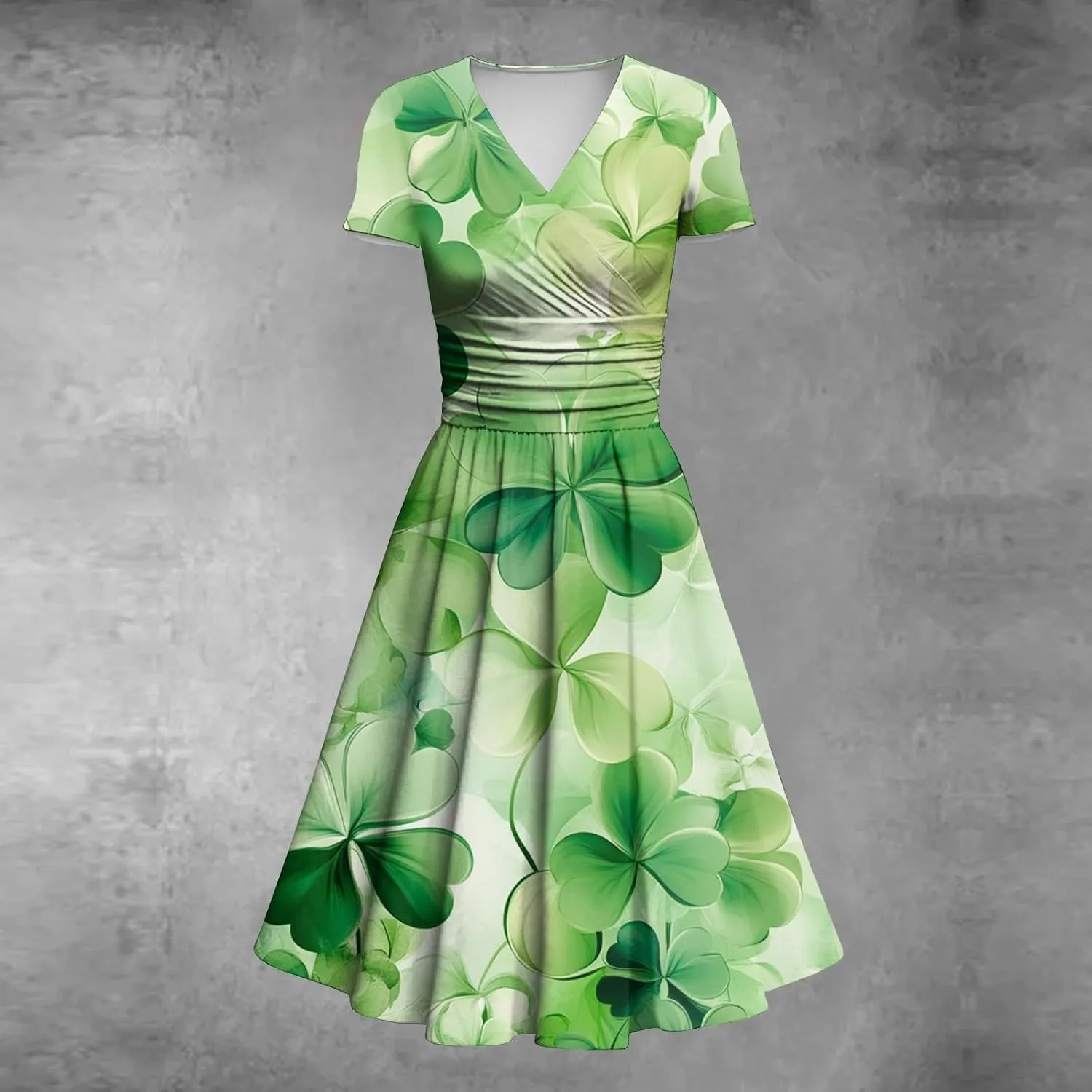 St Patricks Day Dresses for Women Short Sleeve V Neck Princess Pulled Ruffle Shamrock Print Waist Drawstring Dresses