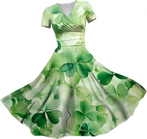St Patricks Day Dresses for Women Short Sleeve V Neck Princess Pulled Ruffle Shamrock Print Waist Drawstring Dresses