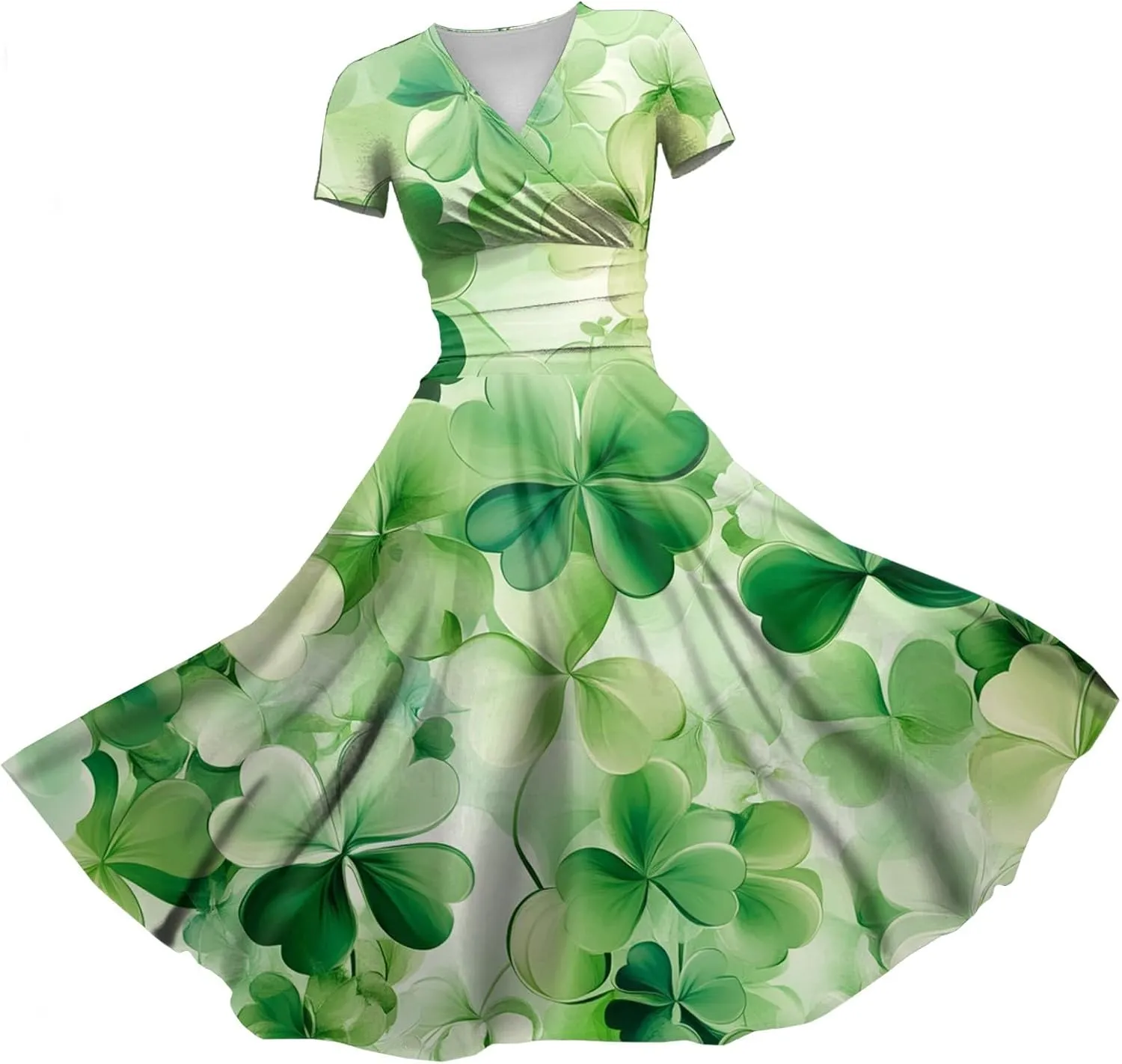 St Patricks Day Dresses for Women Short Sleeve V Neck Princess Pulled Ruffle Shamrock Print Waist Drawstring Dresses